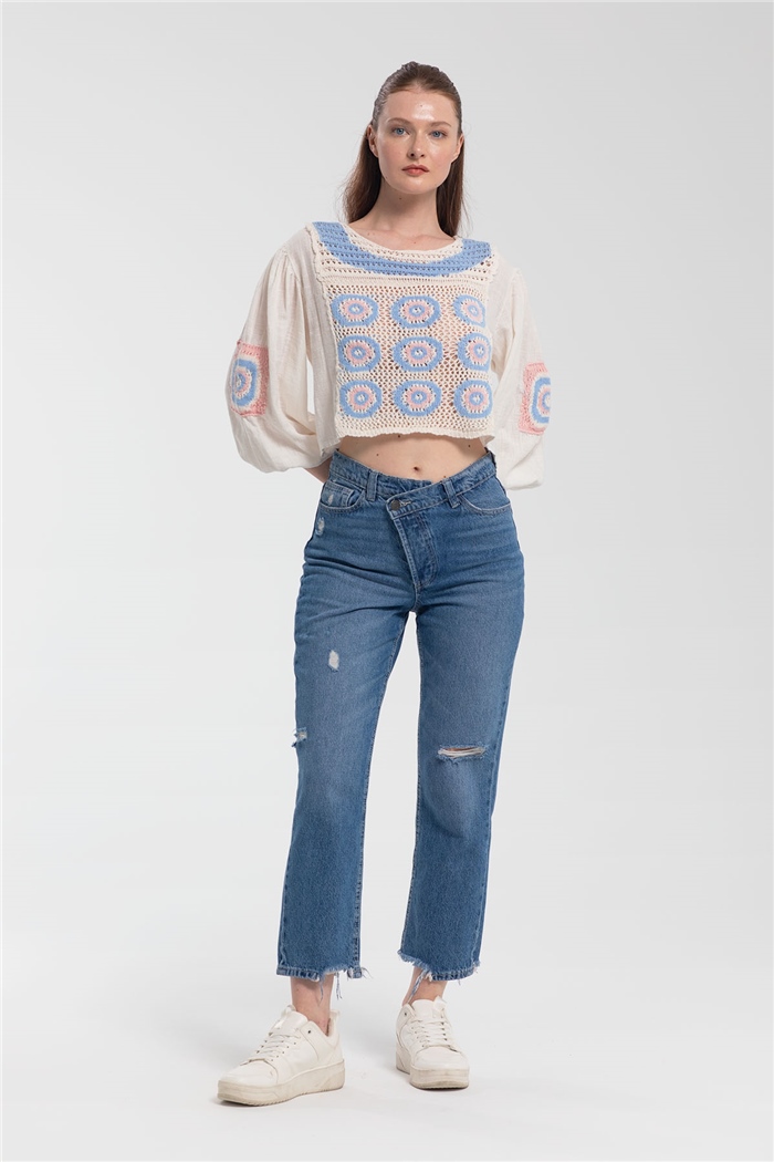 Nisan Kroşe Detaylı Bluz  MAVİ  N21-1149