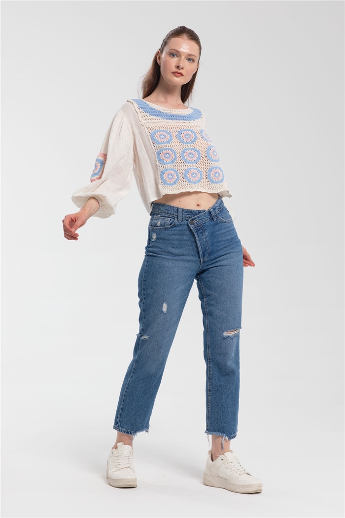 Nisan Kroşe Detaylı Bluz  MAVİ  N21-1149