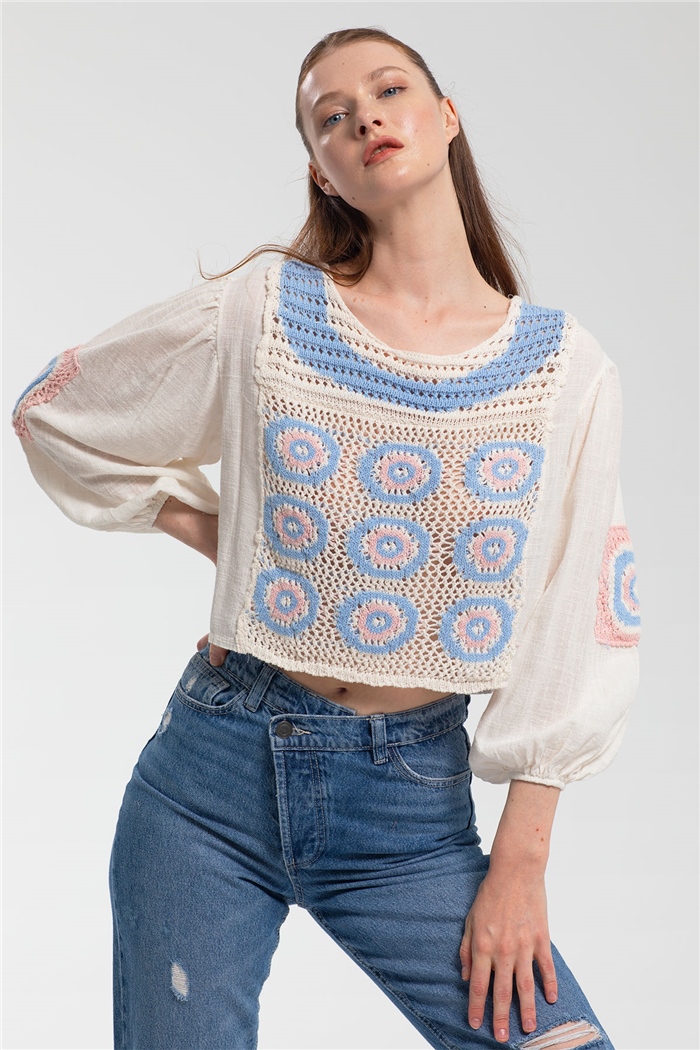Nisan Kroşe Detaylı Bluz  MAVİ  N21-1149