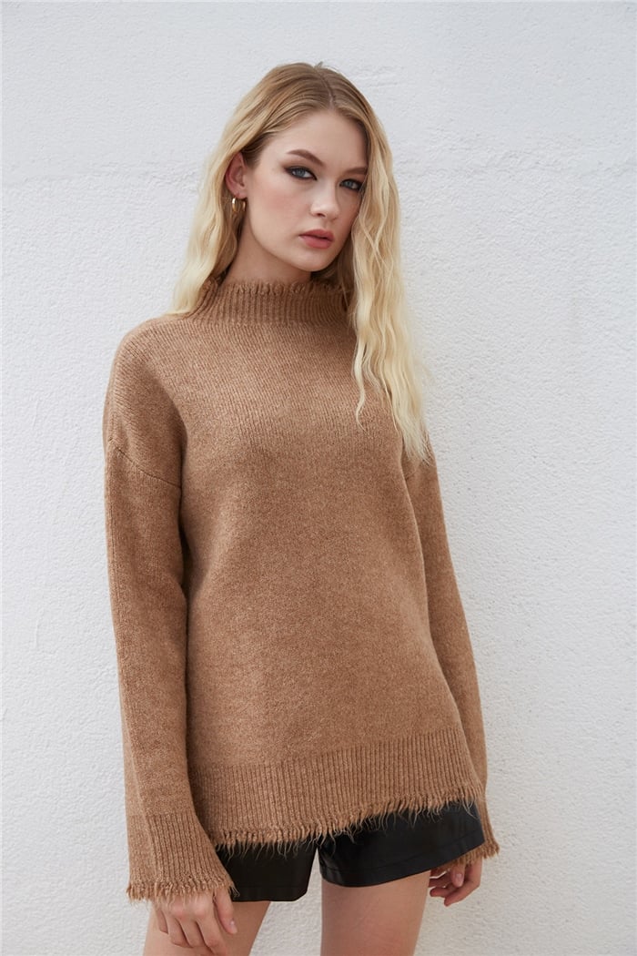 Nisan Saçaklı Triko Kazak  CAMEL  TT3722-Z