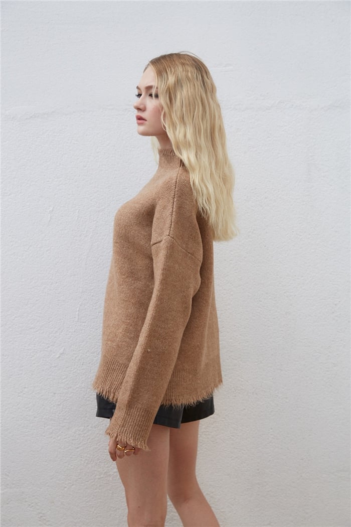 Nisan Saçaklı Triko Kazak  CAMEL  TT3722-Z