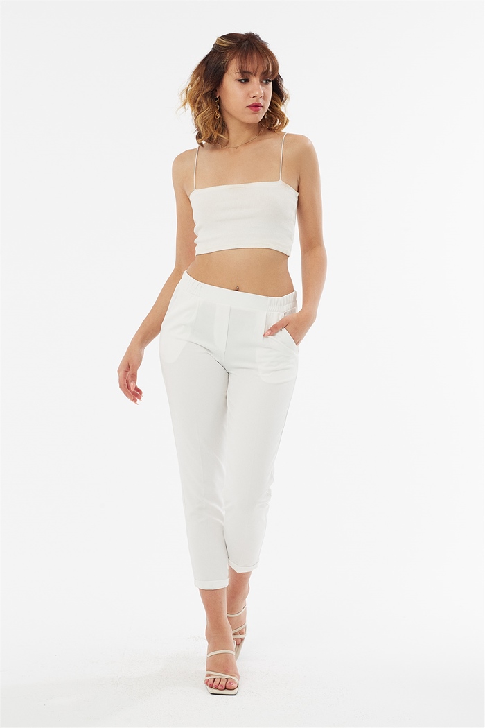 Nisan Beli Lastikli Duble Paça Pantolon BEYAZ P4508