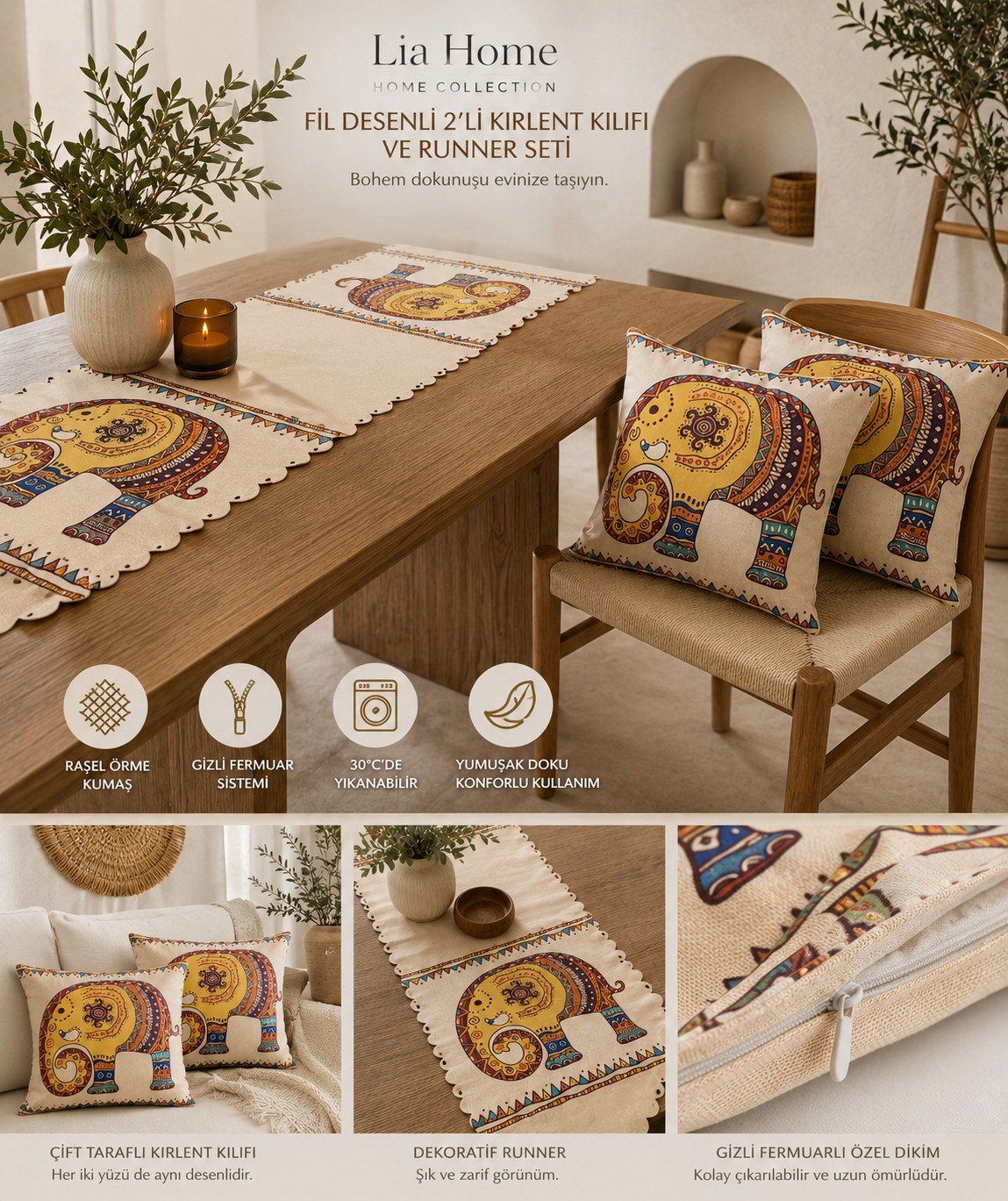 2'li 43x43 cm Kırlent Kılıfı ve 35x135 cm Runner Seti Fil Desenli Çift Taraflı Dekoratif Bohem