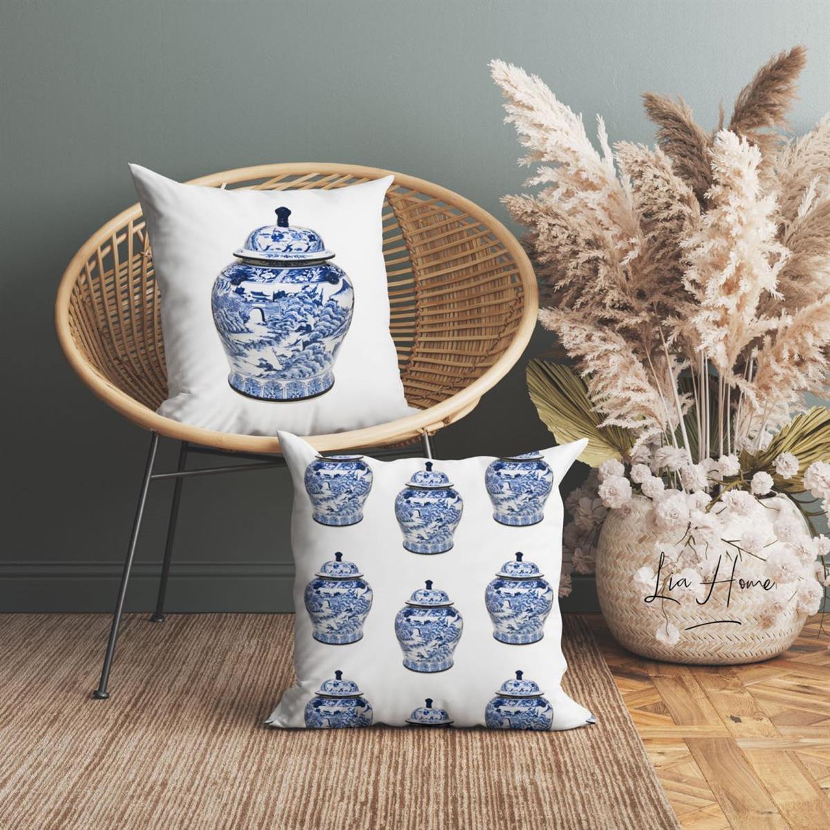 Bleu Blanc Desenli Çift Taraflı Dekoratif 2'li Kırlent Kılıfı Seti