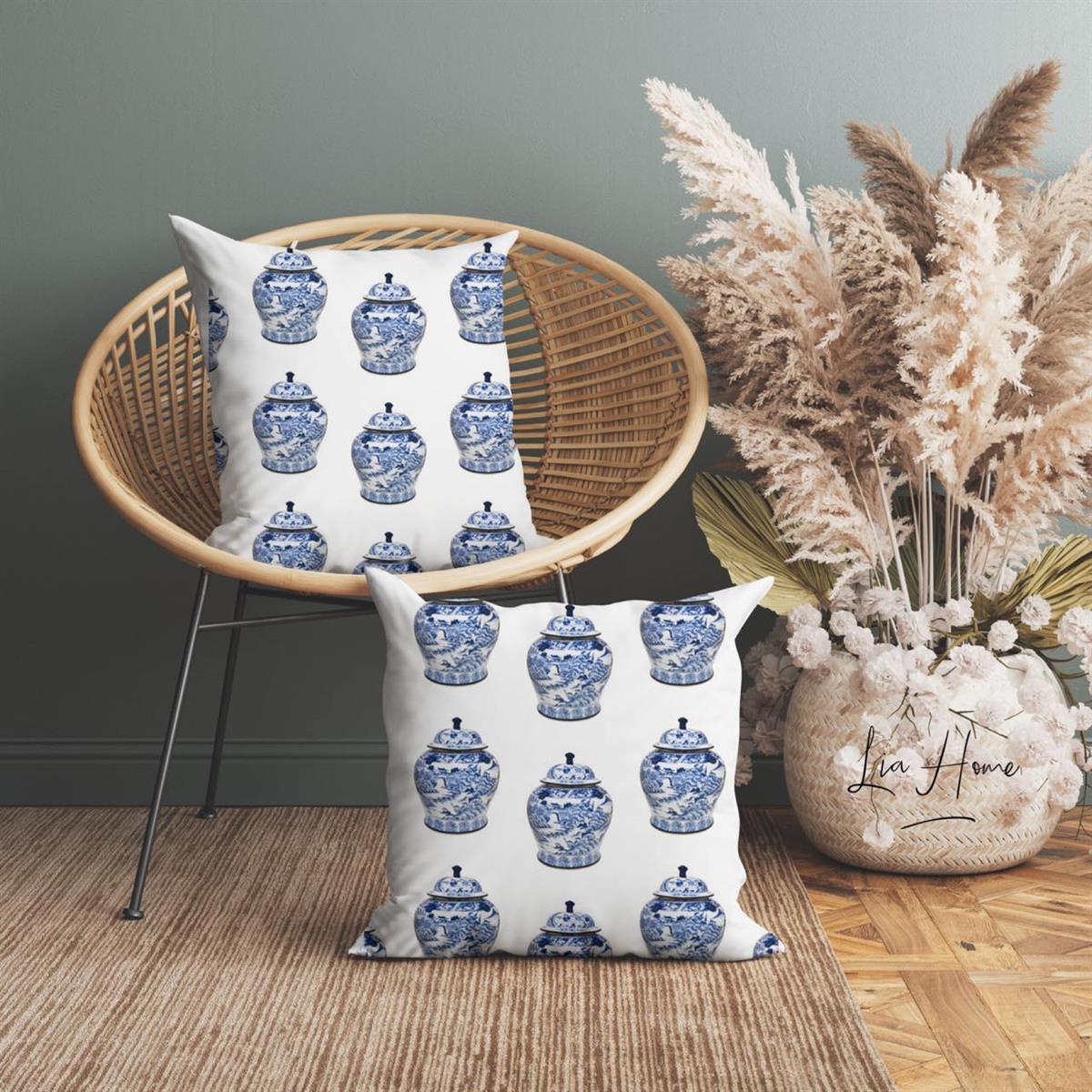 Bleu Blanc Desenli Çift Taraflı Dekoratif 2'li Kırlent Kılıfı Seti