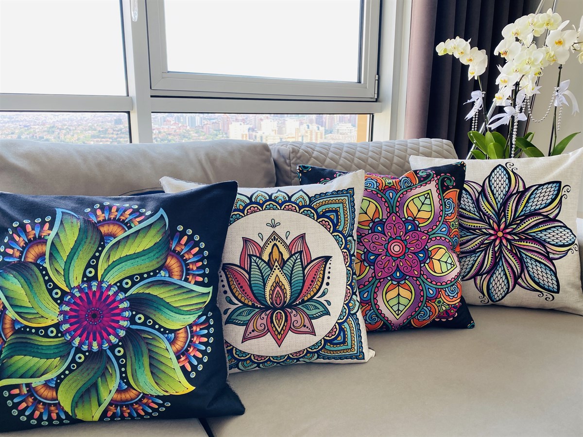 Çift Tarafı Baskılı 4'lü Kombin Mandala Desen Dekoratif Kırlent Kılıfı 