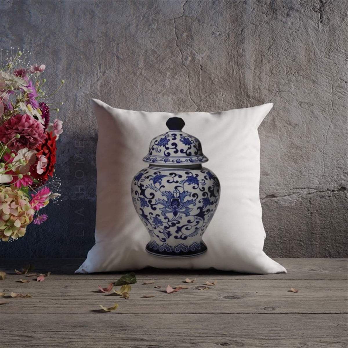 Çift Taraflı Bleu Blanc Desenli Dekoratif Kırlent Kılıfı 