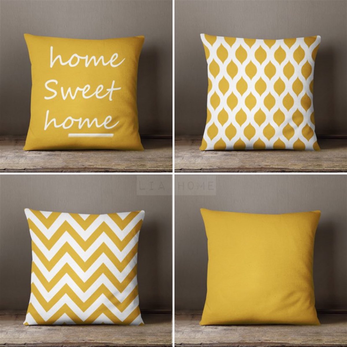 Çift Taraflı Hardal Renk Dekoratif 4'lü Kombin Kırlent Kılıfı Seti