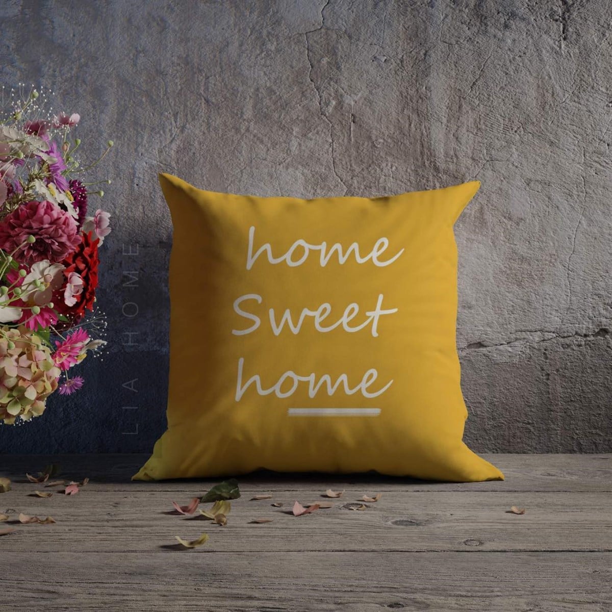 Çift Taraflı Hardal Renk Home Sweet Home Yazılı Dekoratif Kırlent Kılıfı 