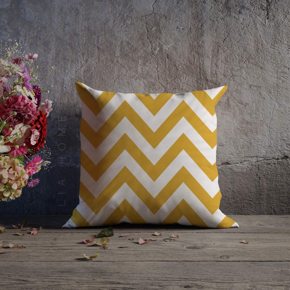 Çift Taraflı Hardal Renk Zigzag Desenli Dekoratif Kırlent Kılıfı