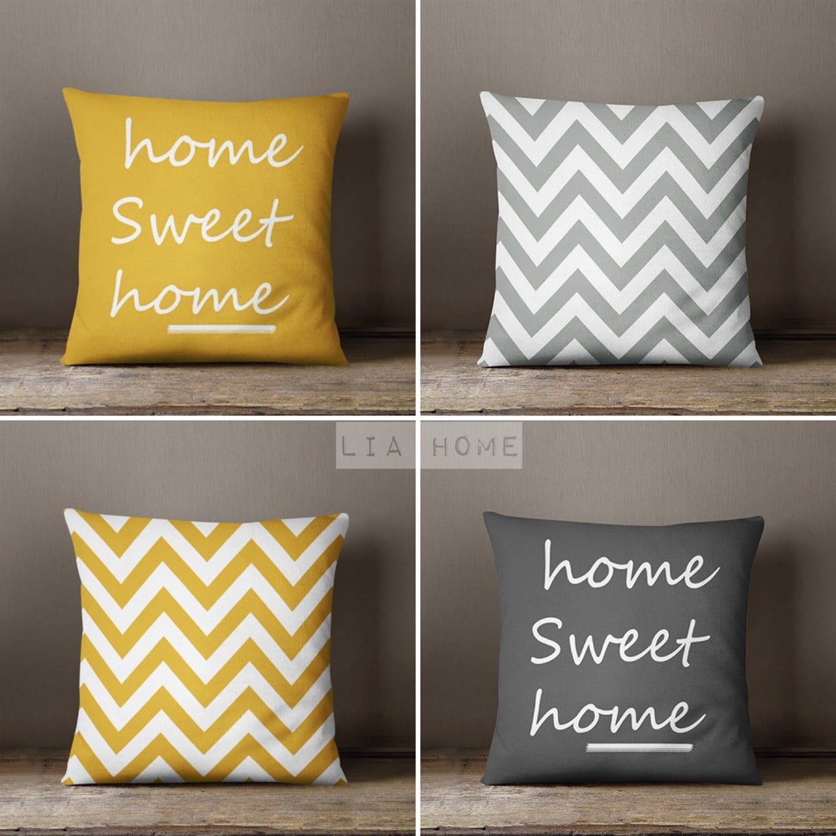 Çift Taraflı Home Sweet Home Yazılı Ve Zigzag Desenli Dekoratif 4'lü Kombin Kırlent Kılıfı Seti
