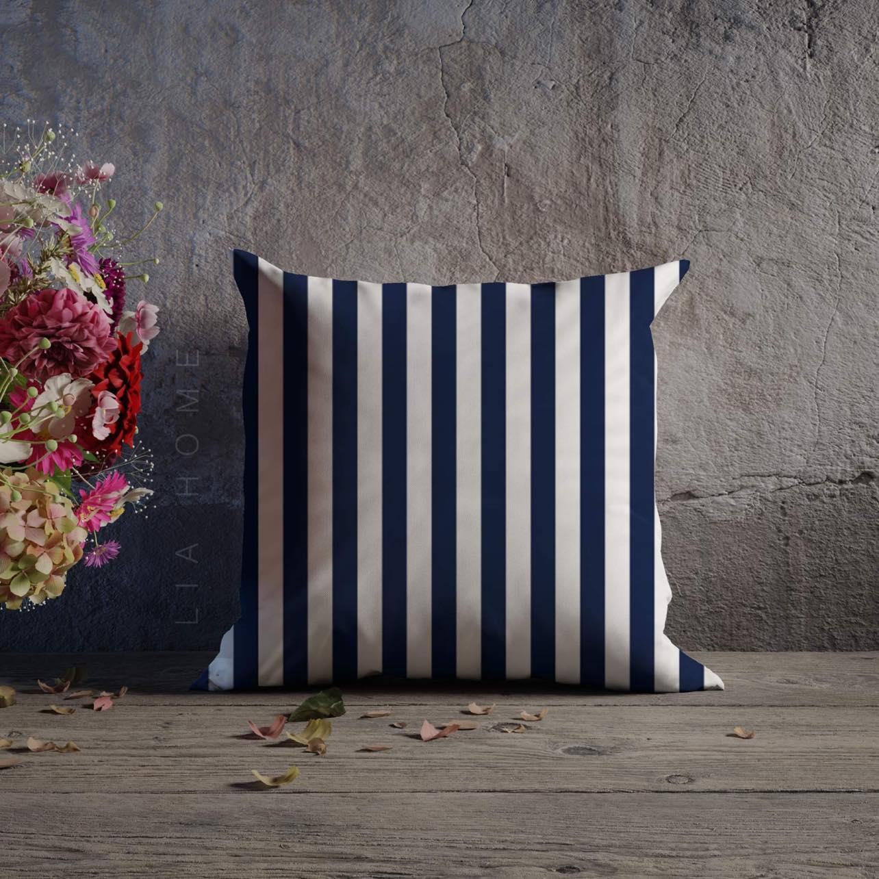 Çift Taraflı Lacivert Beyaz Çizgili Dekoratif Kırlent Kılıfı