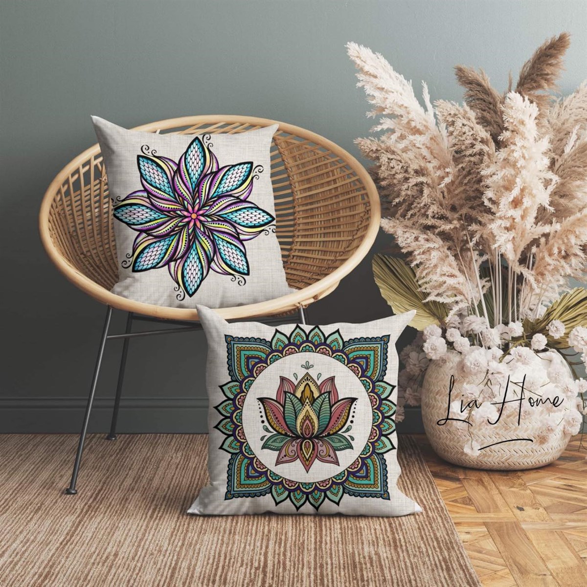 Çift Taraflı Mandala Desen Dekoratif 2'li Kombin Kırlent Kılıfı 