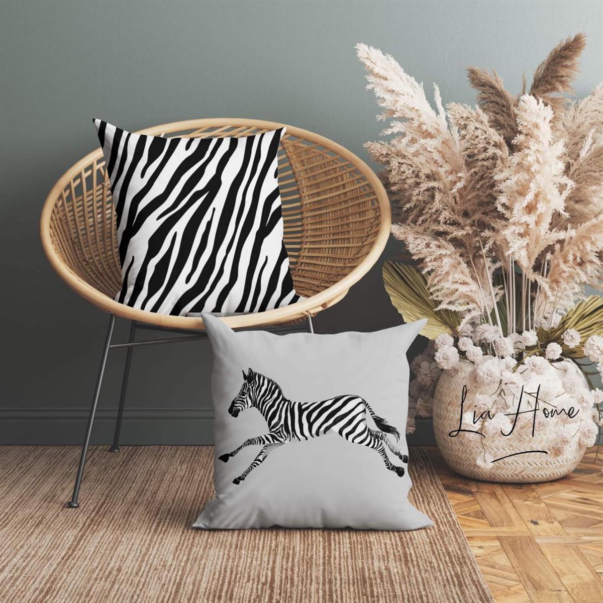 Çift Taraflı Zebra Desenli Dekoratif 2'li Kırlent Kılıfı Seti