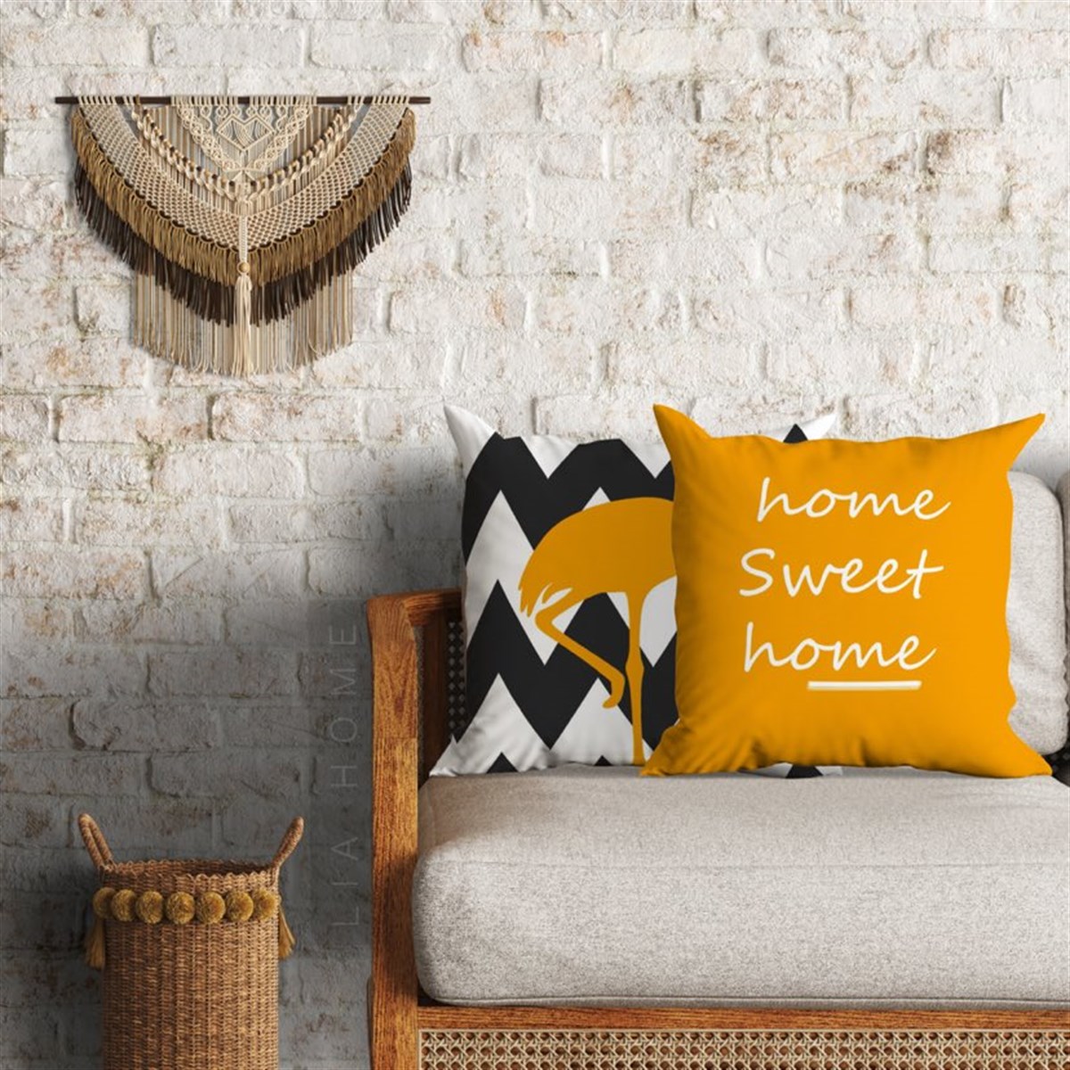 Flamingo ve Home Sweet Home Dekoratif 2'li Minder Kılıfı Seti 60 x 60 cm