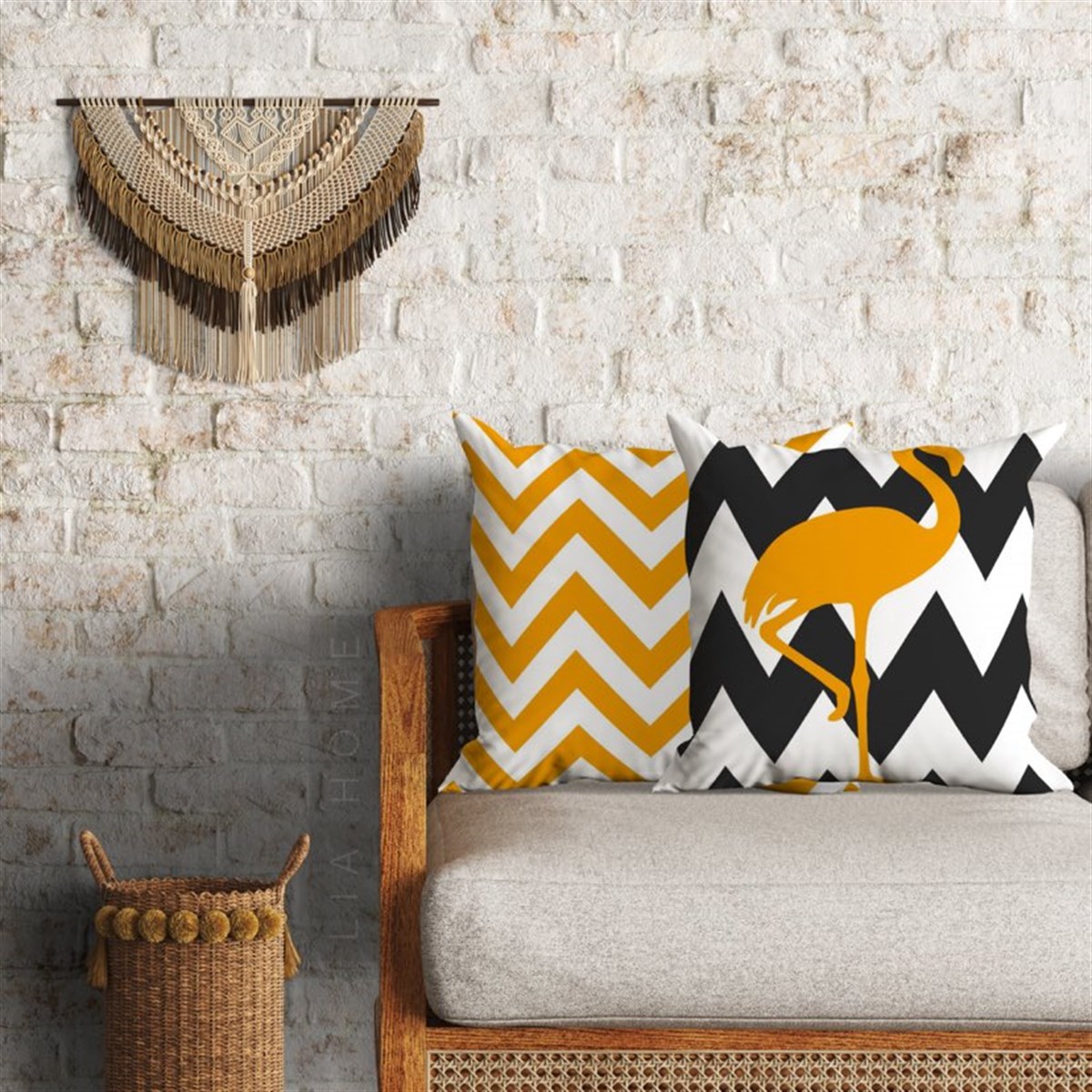 Flamingo ve Zigzag Dekoratif 2'li Minder Kılıfı Seti 60 x 60 cm
