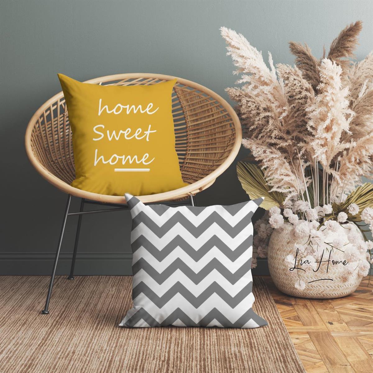 Home Sweet Home Yazılı ve Zigzag Desenli Çift Taraflı Dekoratif 2'li Kırlent Kılıfı Seti
