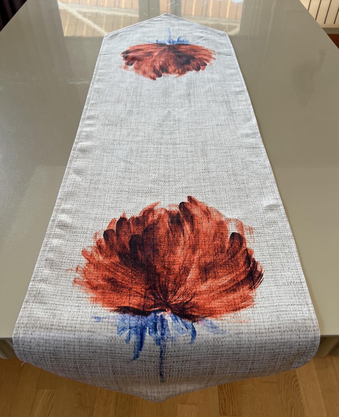 Kremit Renk Çiçek Desenli 35*135 cm Runner