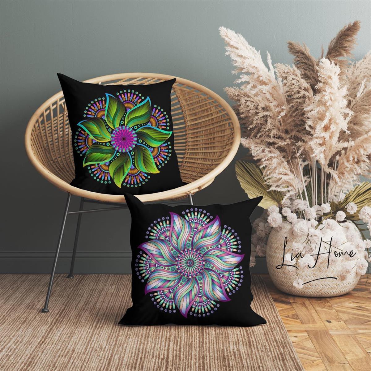 Mandala Desenli Çift Taraflı Dekoratif 2'li Kırlent Kılıfı Seti