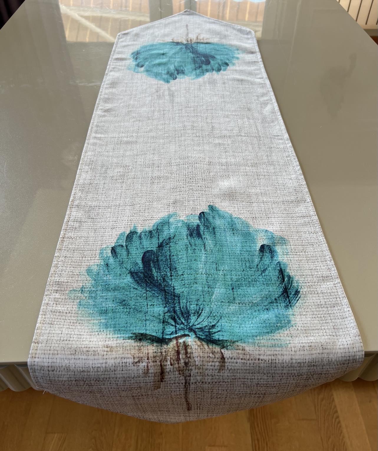 Turkuaz Renk Çiçek Desenli 35*135 cm Runner
