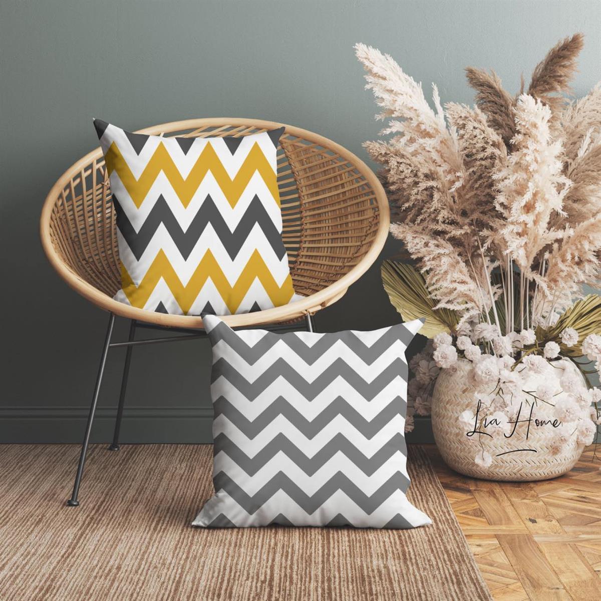 Zigzag Desenli Çift Taraflı Dekoratif 2'li Kırlent Kılıfı Seti 