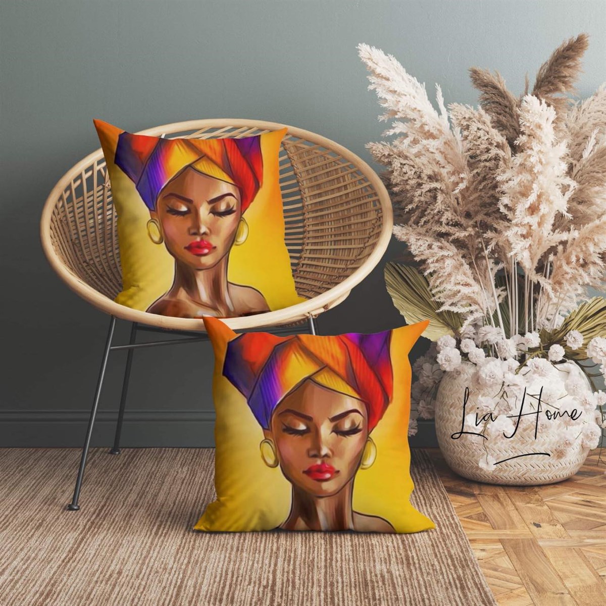 Afrika Kadın Desenli Dekoratif 2'li Kırlent Kılıfı Seti 