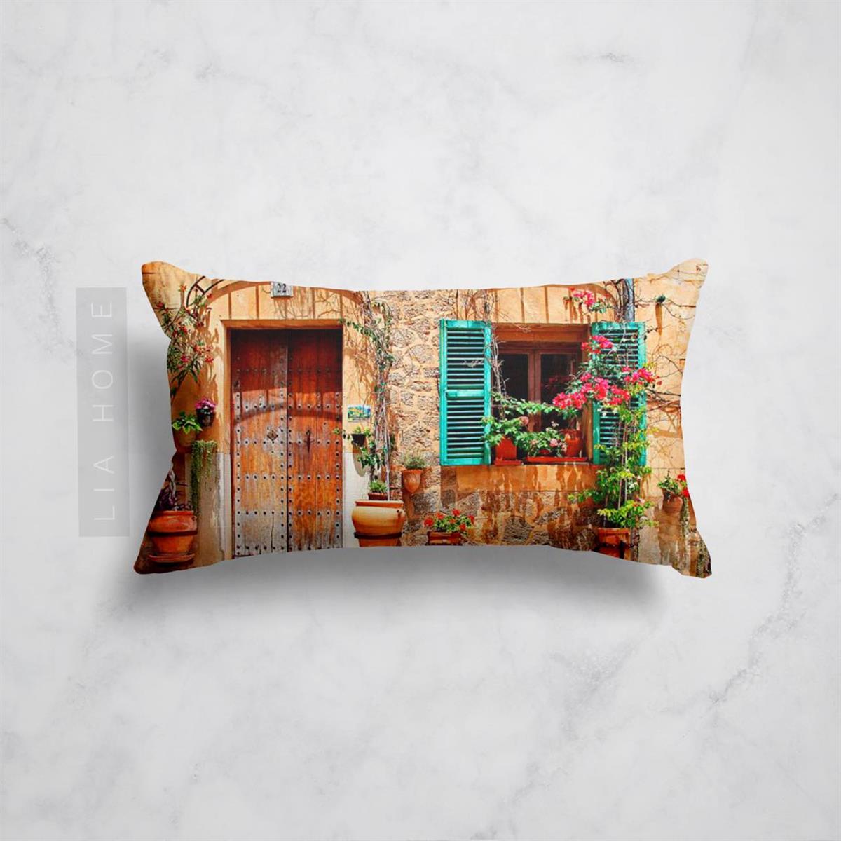 Alaçatı Taş Evi Baskılı Dekoratif Yastık Kılıfı 30 x 55 cm