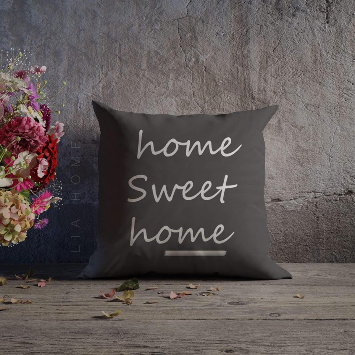 Antrasit Renk Home Sweet Home Yazılı Çift Taraflı Dekoratif Kırlent Kılıfı