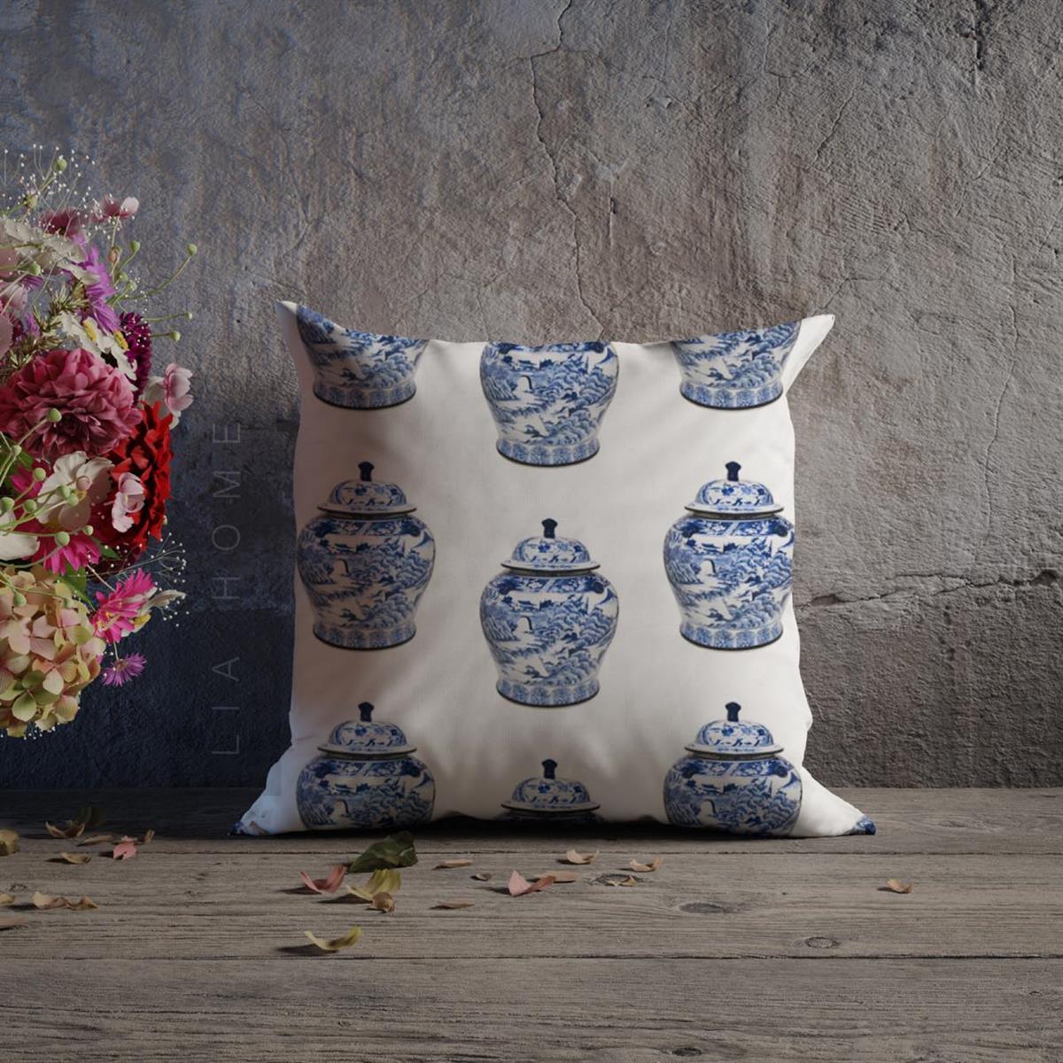 Bleu Blanc Desenli Çift Taraflı Dekoratif Kırlent Kılıfı 