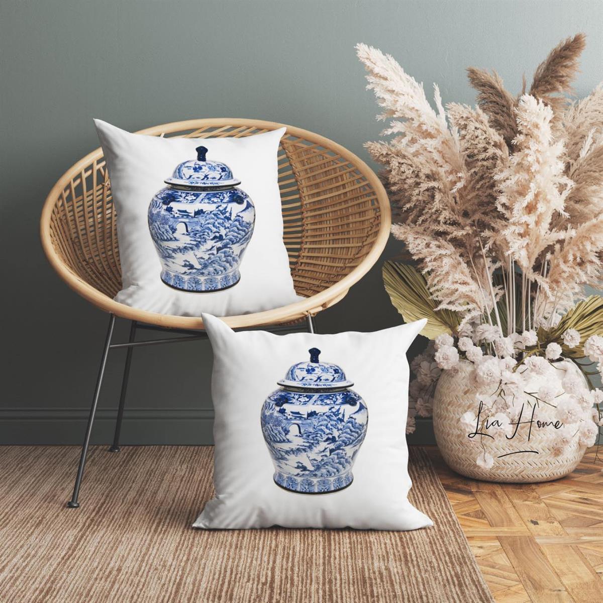 Bleu Blanc Desenli Çift Taraflı Dekoratif 2'li Kırlent Kılıfı Seti