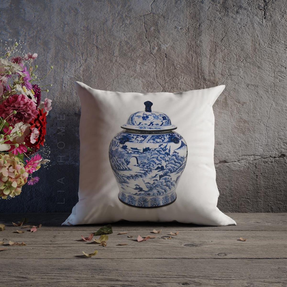 Bleu Blanc Desenli Çift Taraflı Dekoratif Kırlent Kılıfı 