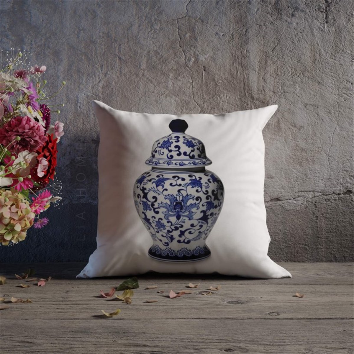 Çift Taraflı Bleu Blanc Desenli Dekoratif Kırlent Kılıfı 