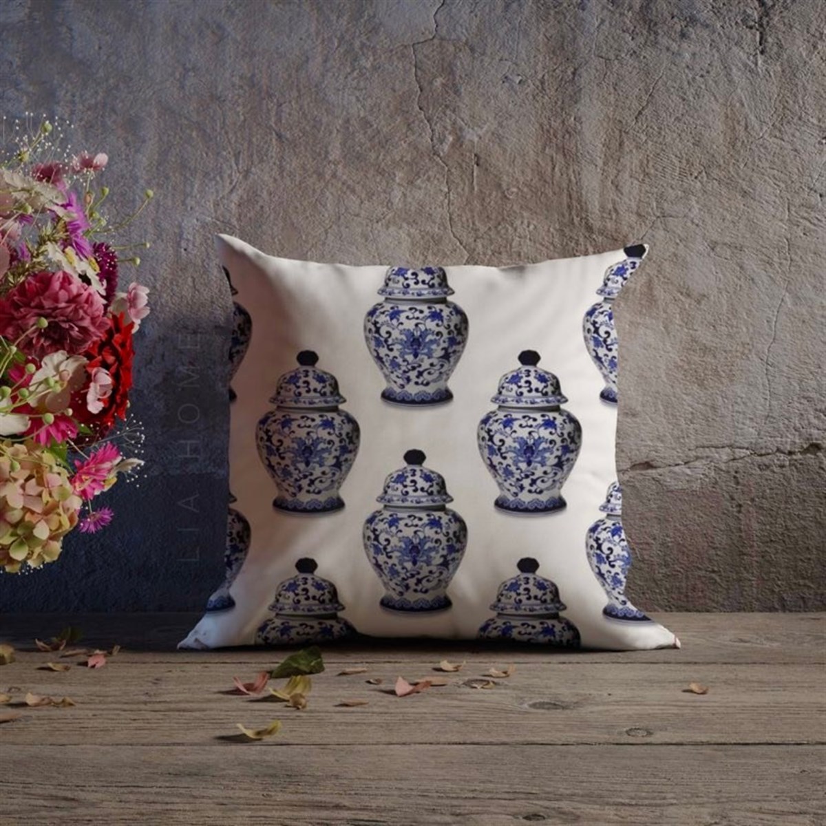 Çift Taraflı Bleu Blanc Desenli Dekoratif Kırlent Kılıfı 