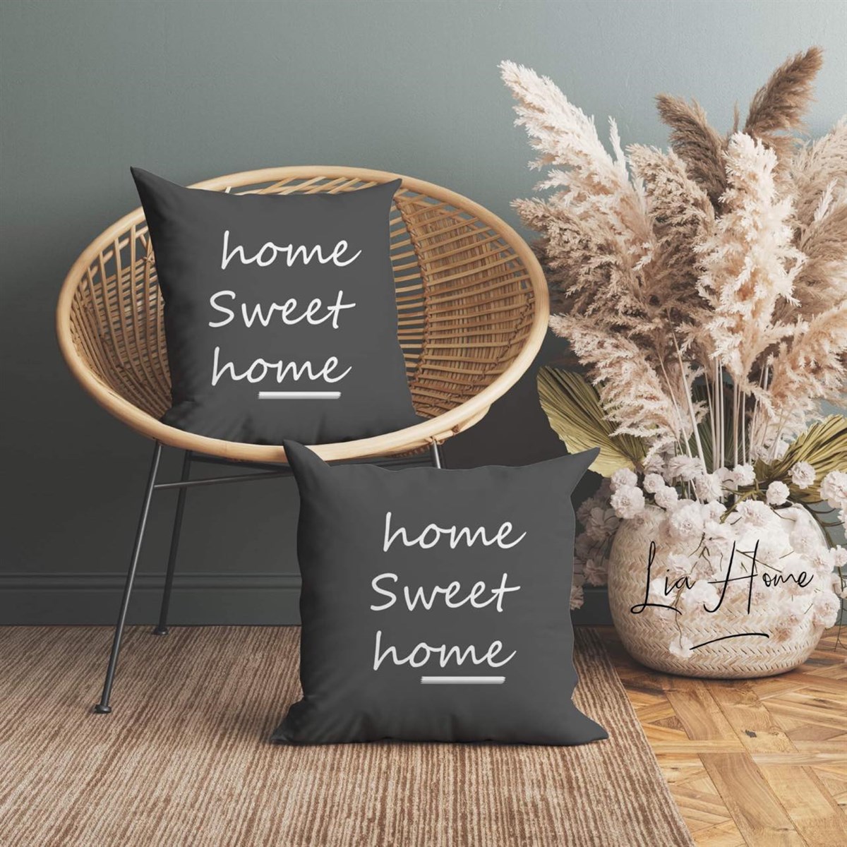 Çift Taraflı Home Sweet Home Yazılı Dekoratif 2'li Kırlent Kılıfı Seti 