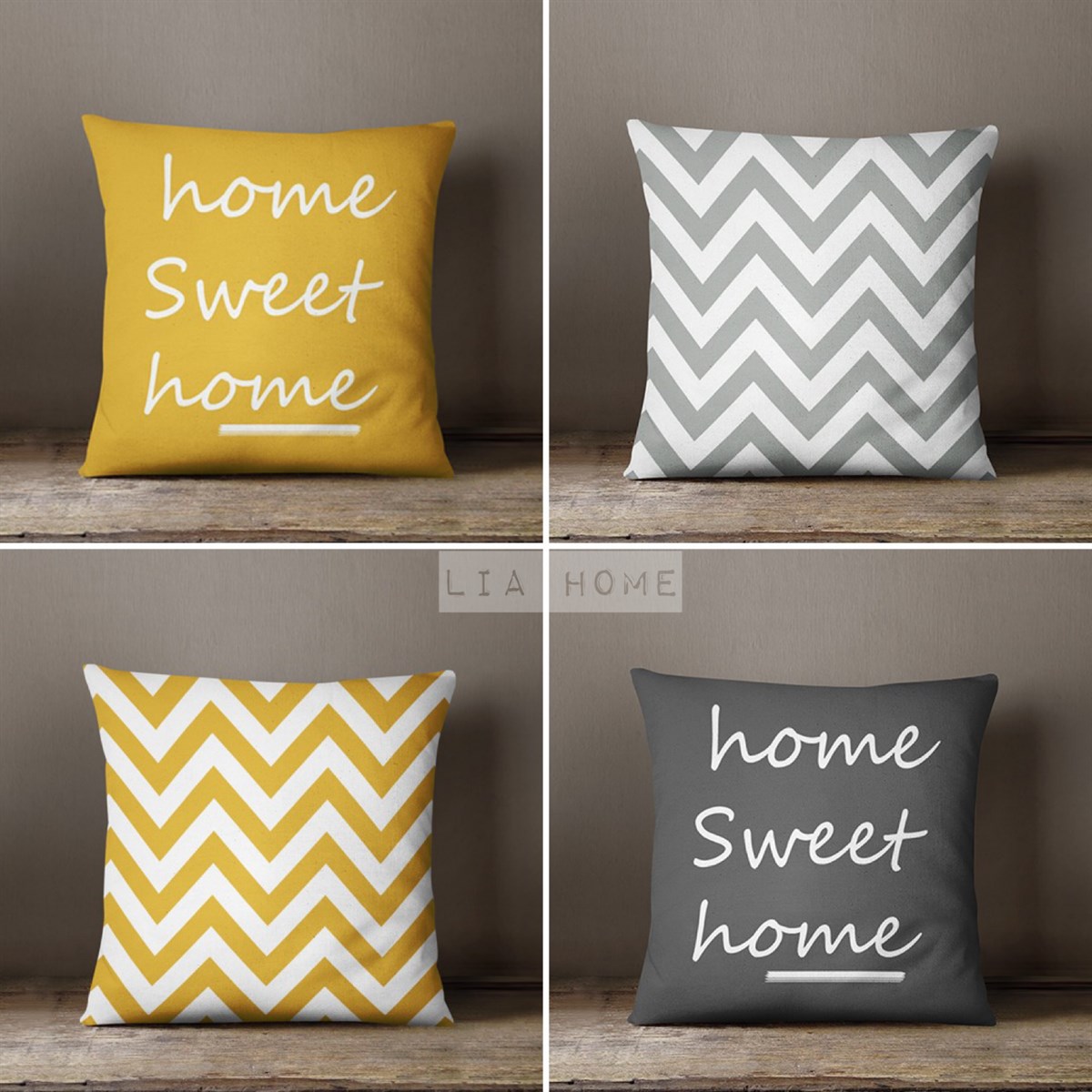 Çift Taraflı Home Sweet Home Yazılı Ve Zigzag Desenli Dekoratif 4'lü Kombin Kırlent Kılıfı Seti