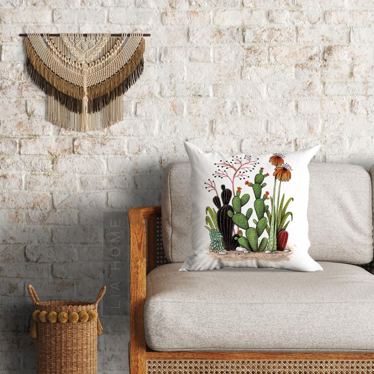 Çift Taraflı Kaktüs Desenli Dekoratif Minder Kılıfı 60 x 60 cm