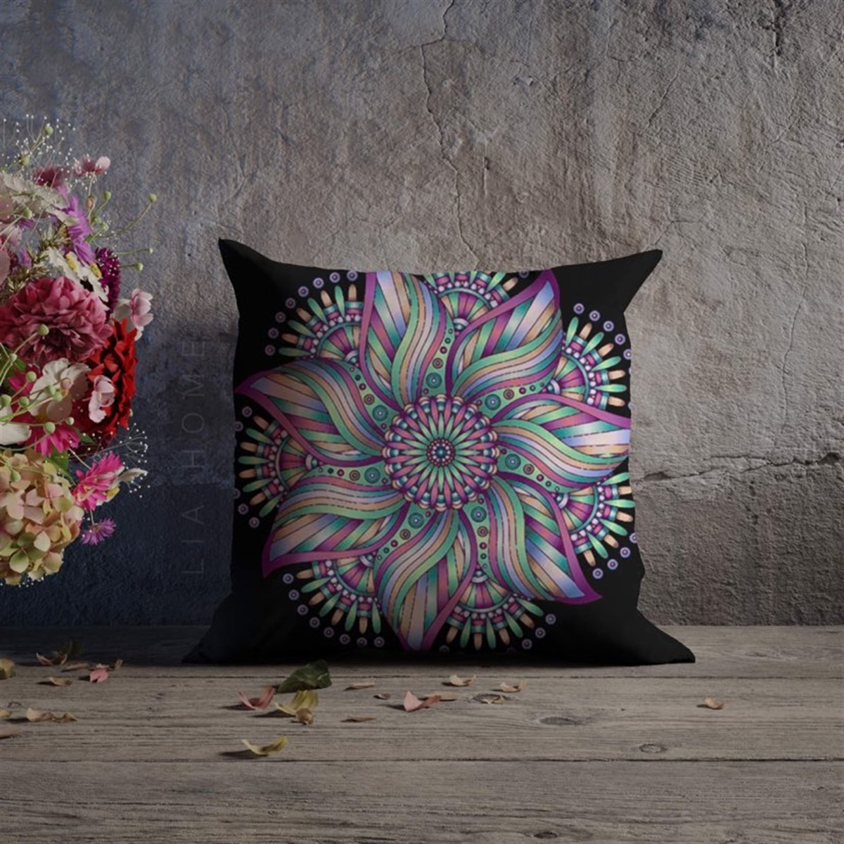 Çift Taraflı Mandala Desenli Dekoratif Kırlent Kılıfı