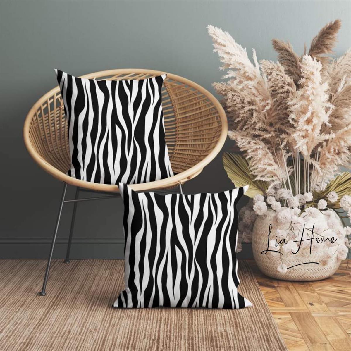 Çift Taraflı Zebra Desenli Dekoratif 2'li Kırlent Kılıfı Seti 