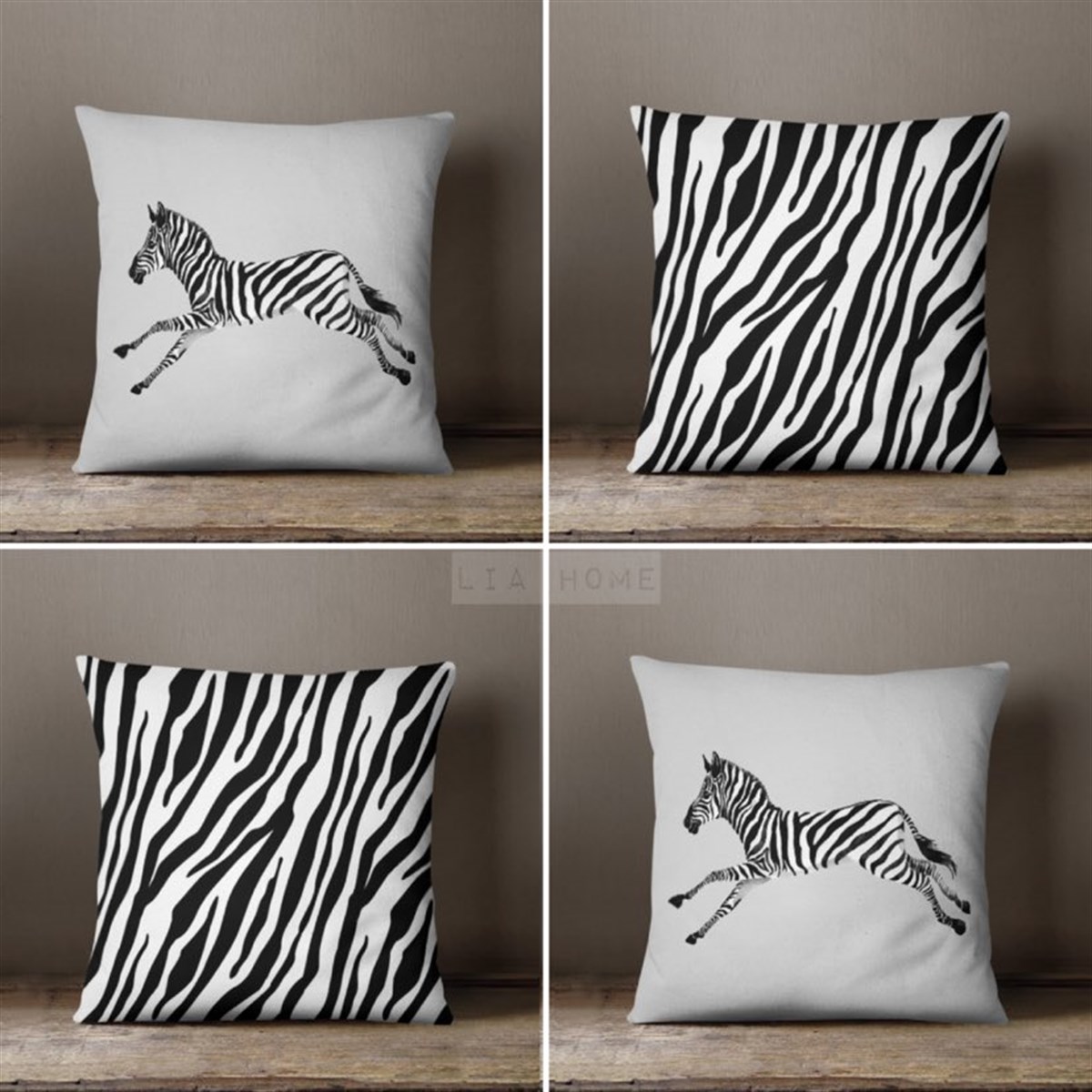 Çift Taraflı Zebra Desenli Dekoratif 4'lü Kombin Kırlent Kılıfı Seti