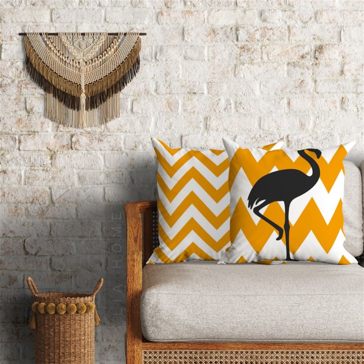 Flamingo ve Zigzag Dekoratif 2'li Minder Kılıfı Seti 60 x 60 cm