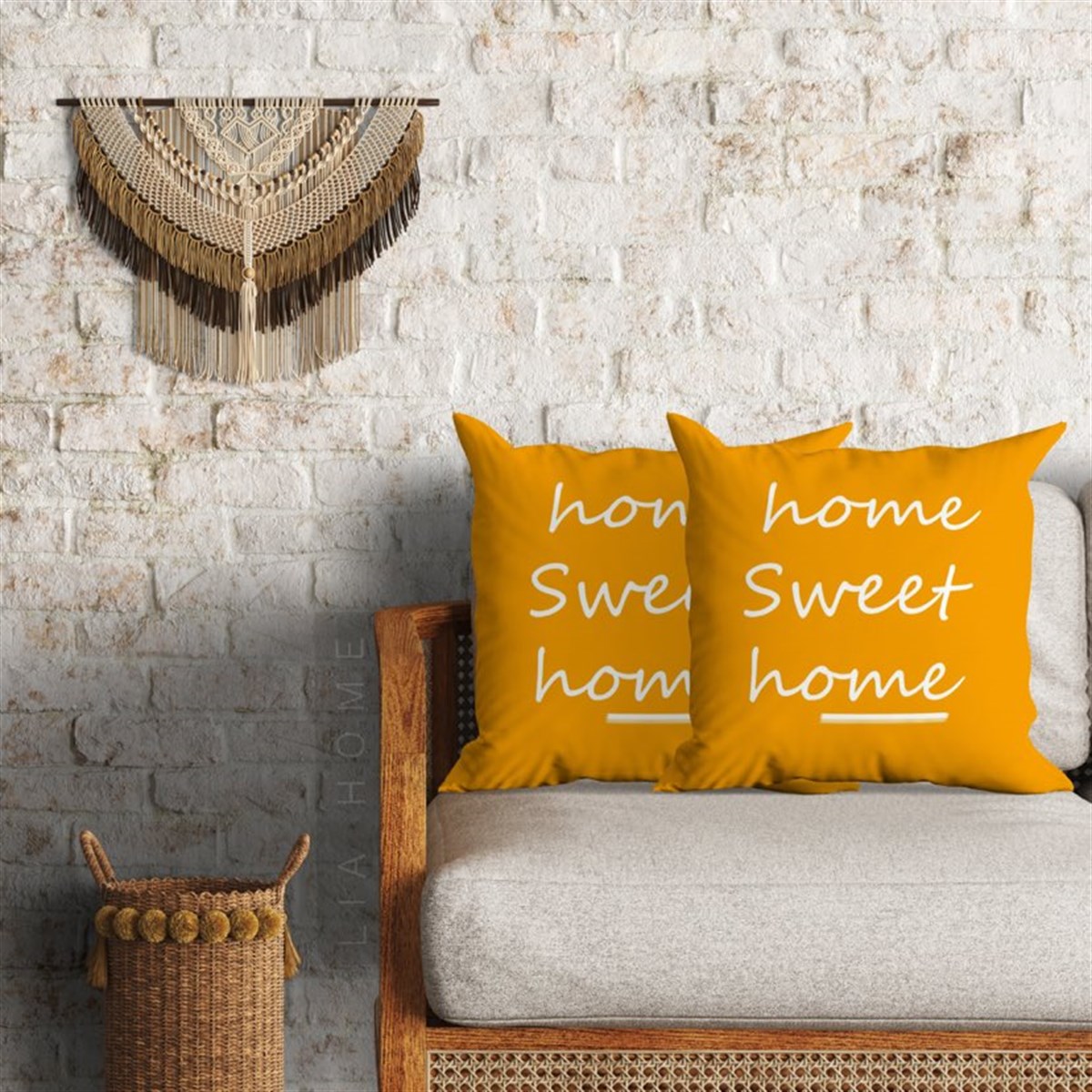 Home Sweet Home Hardal Renk Dekoratif 2'li Minder Kılıfı Seti 60 x 60 cm