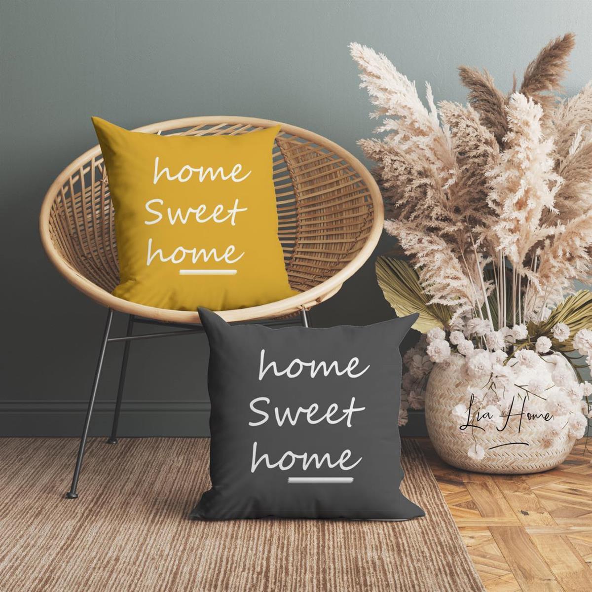 Home Sweet Home Yazılı Çift Taraflı Dekoratif 2'li Kırlent Kılıfı Seti