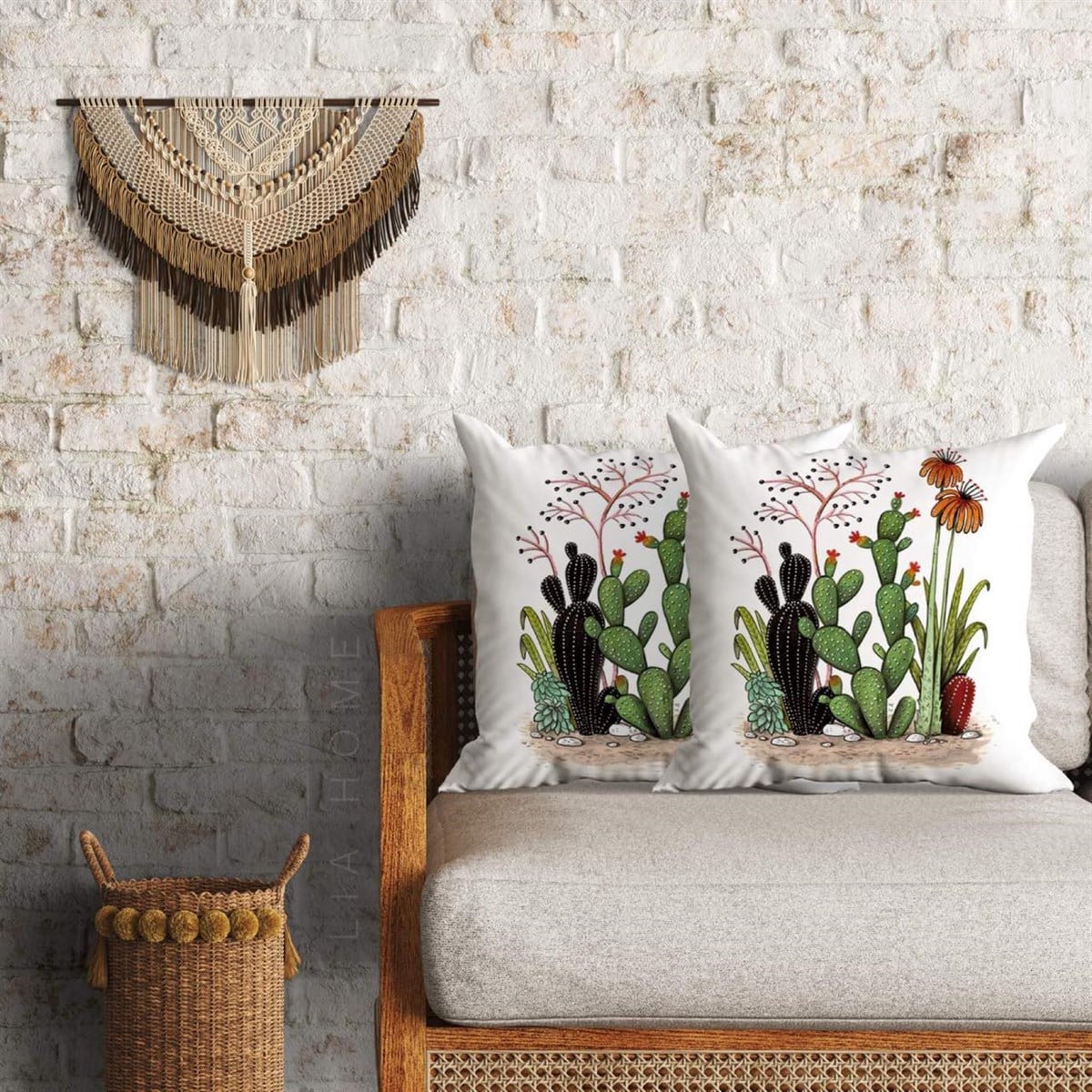 Kaktüs Desenli Dekoratif 2'li Minder Kılıfı Seti 60 x 60 cm