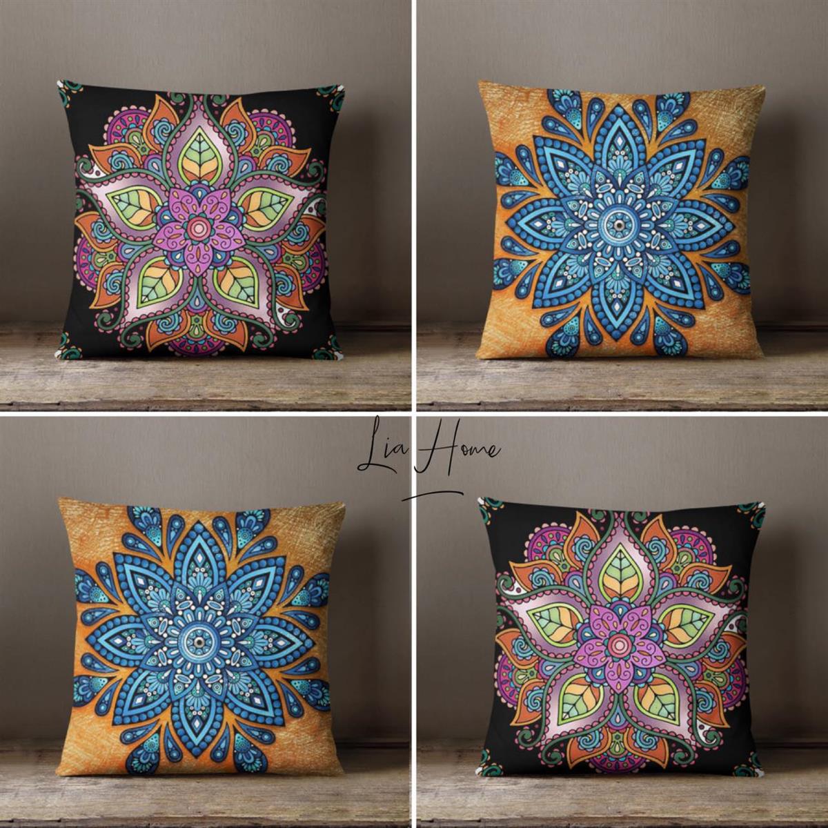 Mandala Desenli Çift Taraflı Dekoratif 4'lü Kombin Kırlent Kılıfı Seti