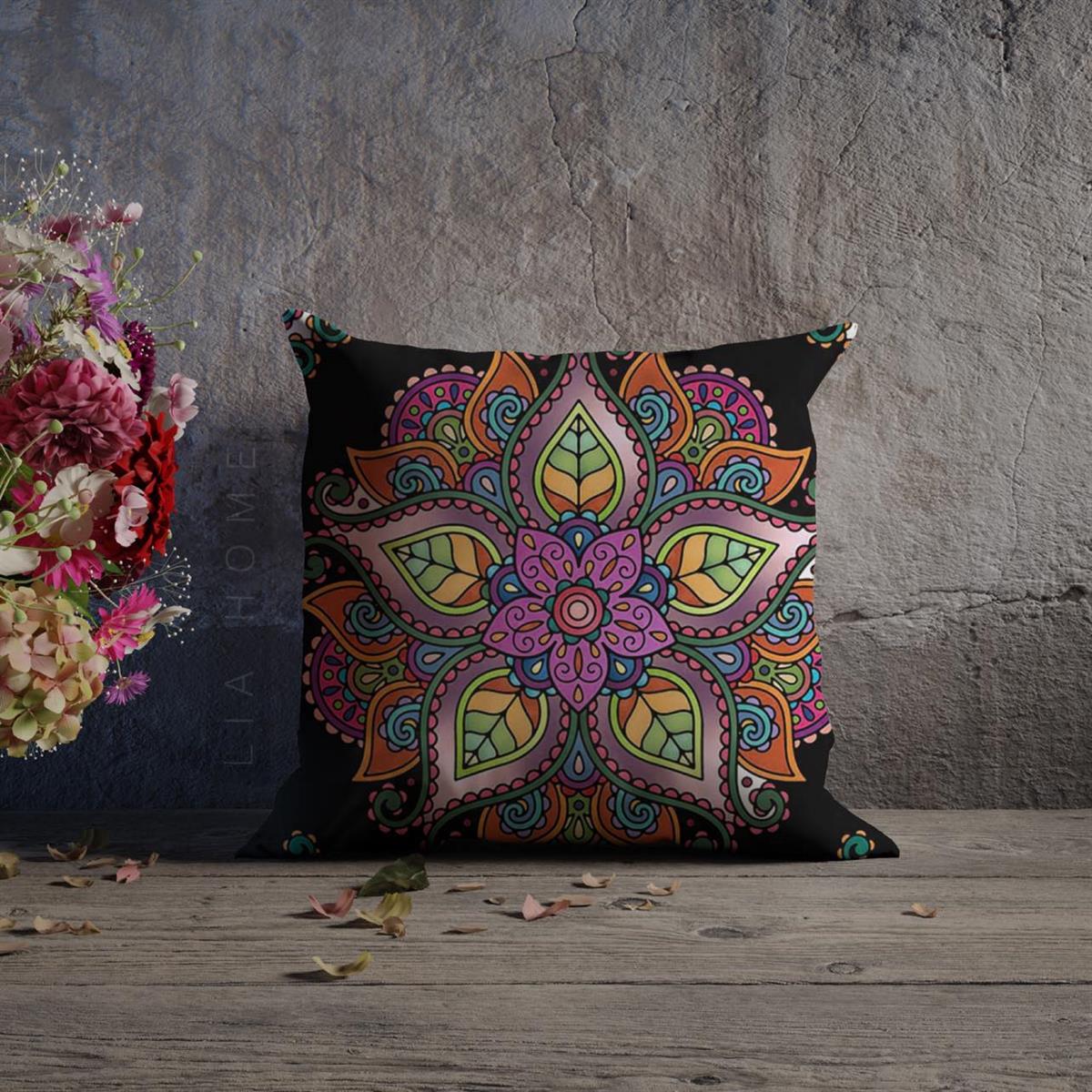 Mandala Desenli Mor Renk Çift Taraflı Dekoratif Kırlent Kılıfı