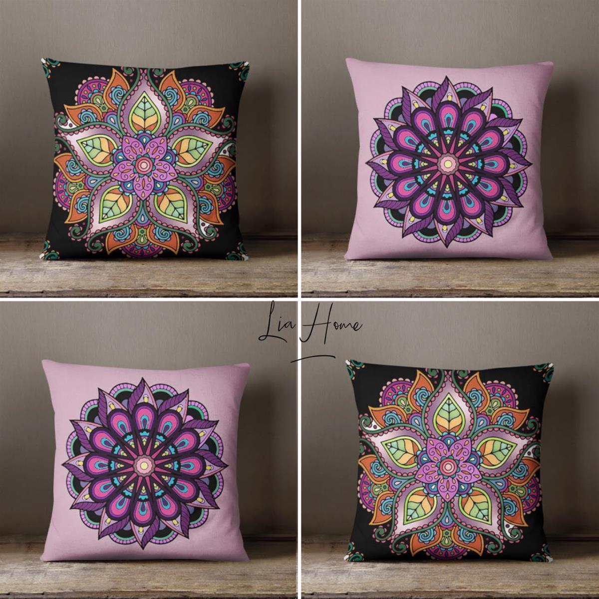 Mandala Desenli Mor Renk Dekoratif 4'lü Kombin Kırlent Kılıfı Seti