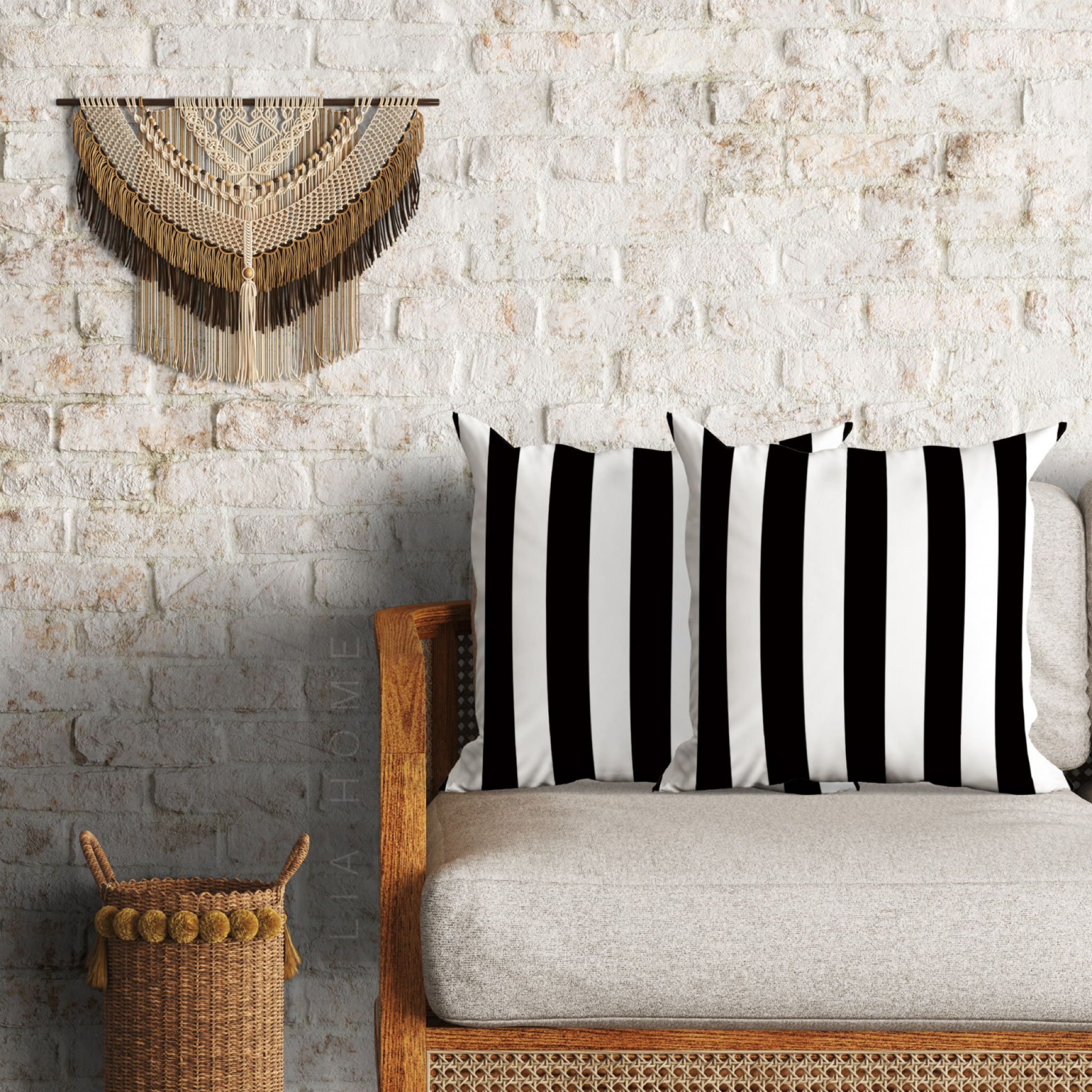Siyah Beyaz Çizgili Çift Taraflı Dekoratif 2'li Minder Kılıfı Seti 60 x 60 cm