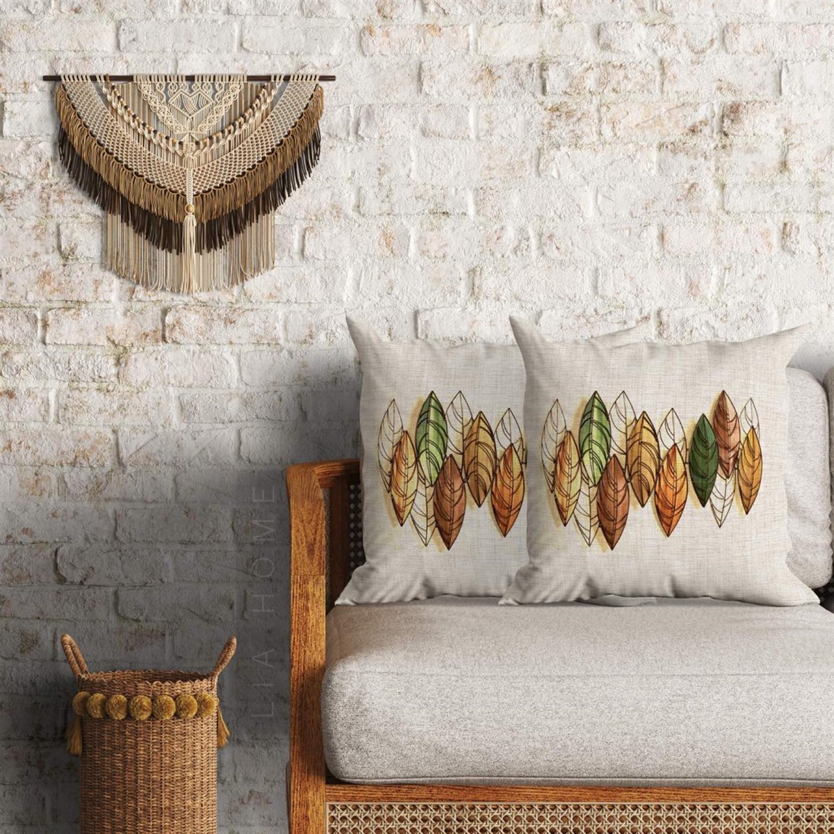 Yaprak Desenli Dekoratif 2'li Minder Kılıfı Seti 60*60 Cm 