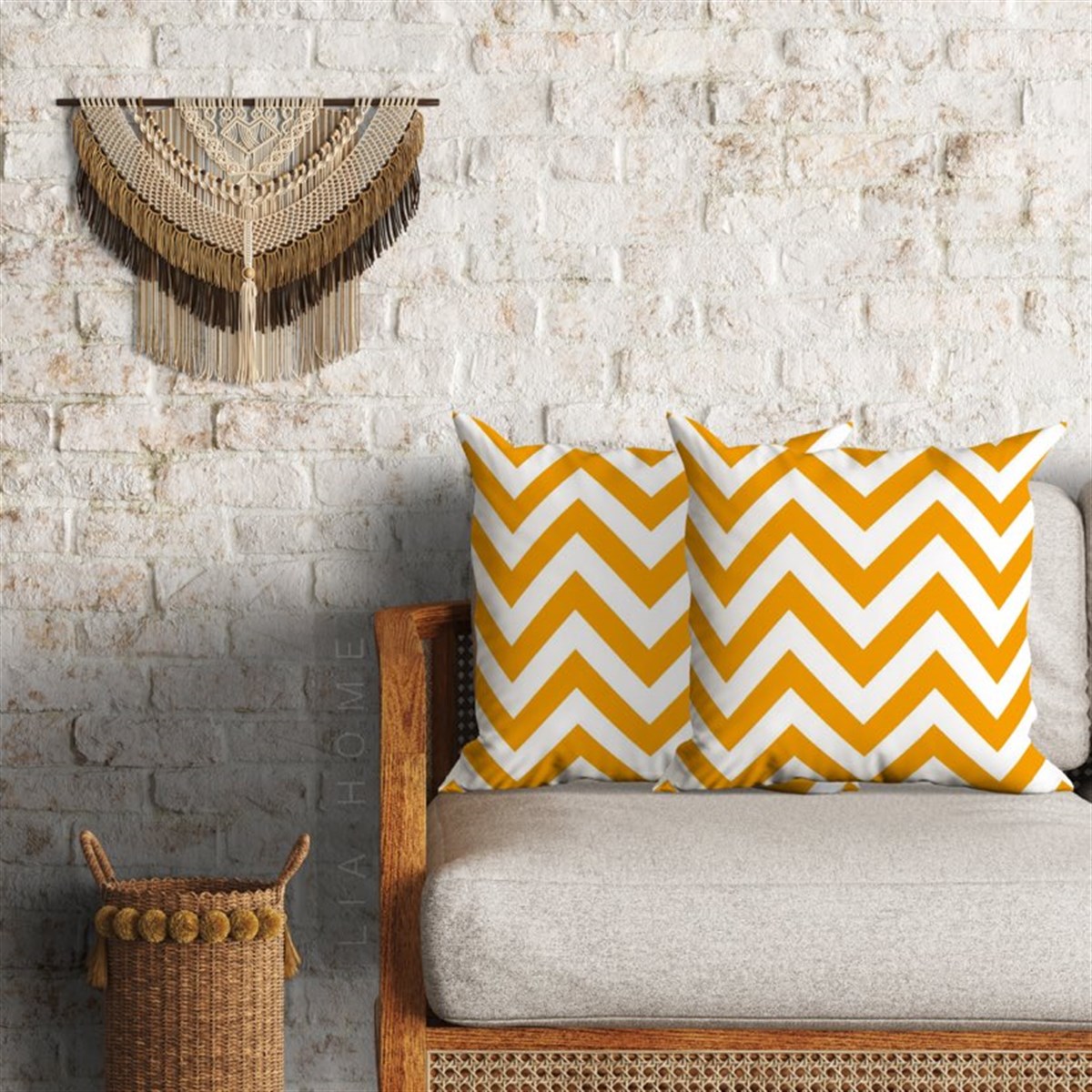 Zigzag Desenli Hardal Dekoratif 2'li Minder Kılıfı Seti 60 x 60 cm