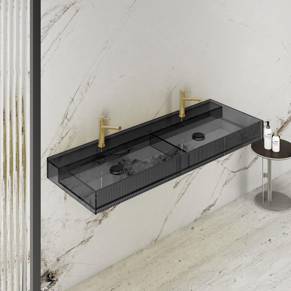 Graffe Aura 120 Cm Çift Bölmeli Şeffaf Siyah Cam Lavabo